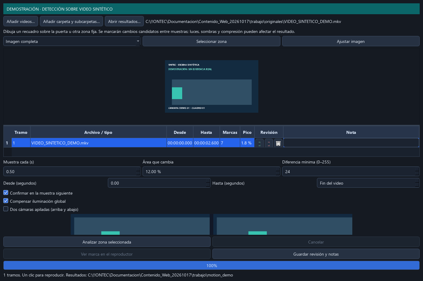 Interfaz de MOTION para detección de movimiento basada en cambios en la imagen, con escena de ejemplo